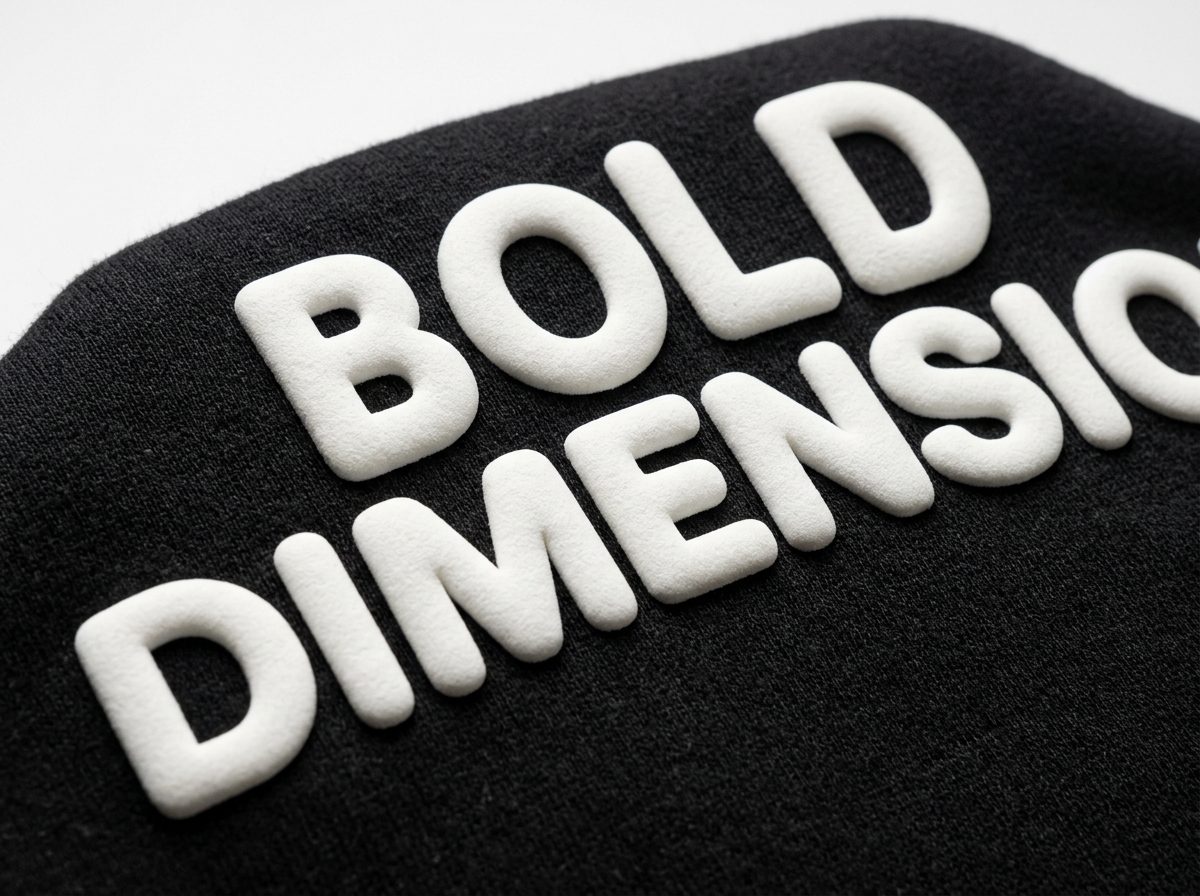 3D puff screen print lettering with tactile raised foam curves on black cotton fleece