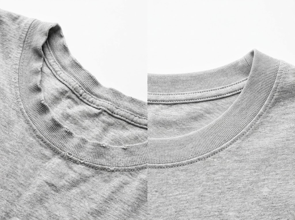Wavy stretched-out baconed t-shirt collar beside crisp 95/5 cotton-Lycra elastic ribbed collar