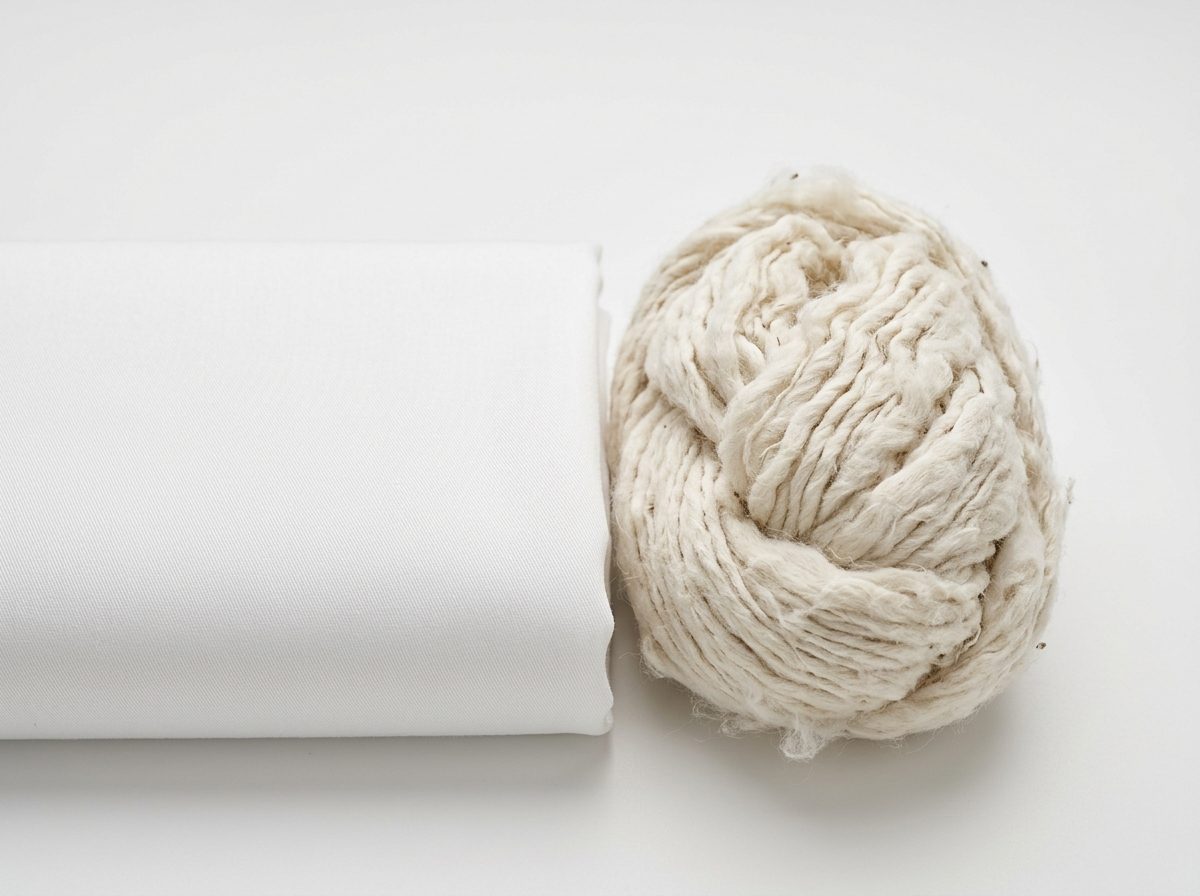 Combed cotton smooth fabric roll next to carded raw cotton yarn