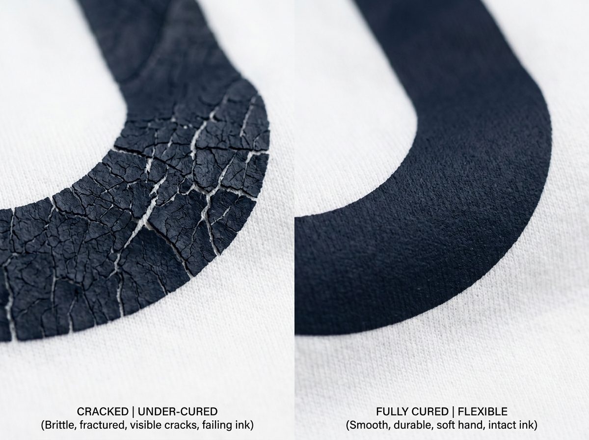 Cracked under-cured screen print with fracture lines beside smooth fully cured print
