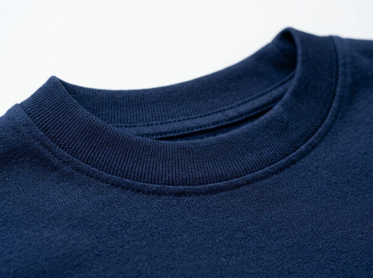 Close-up of crew neck t-shirt collar with ribbed elastic band