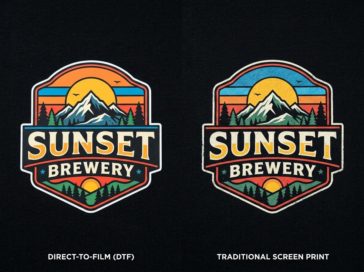 Direct-to-Film (DTF) full-color graphic transfer beside traditional screen print on cotton fabric
