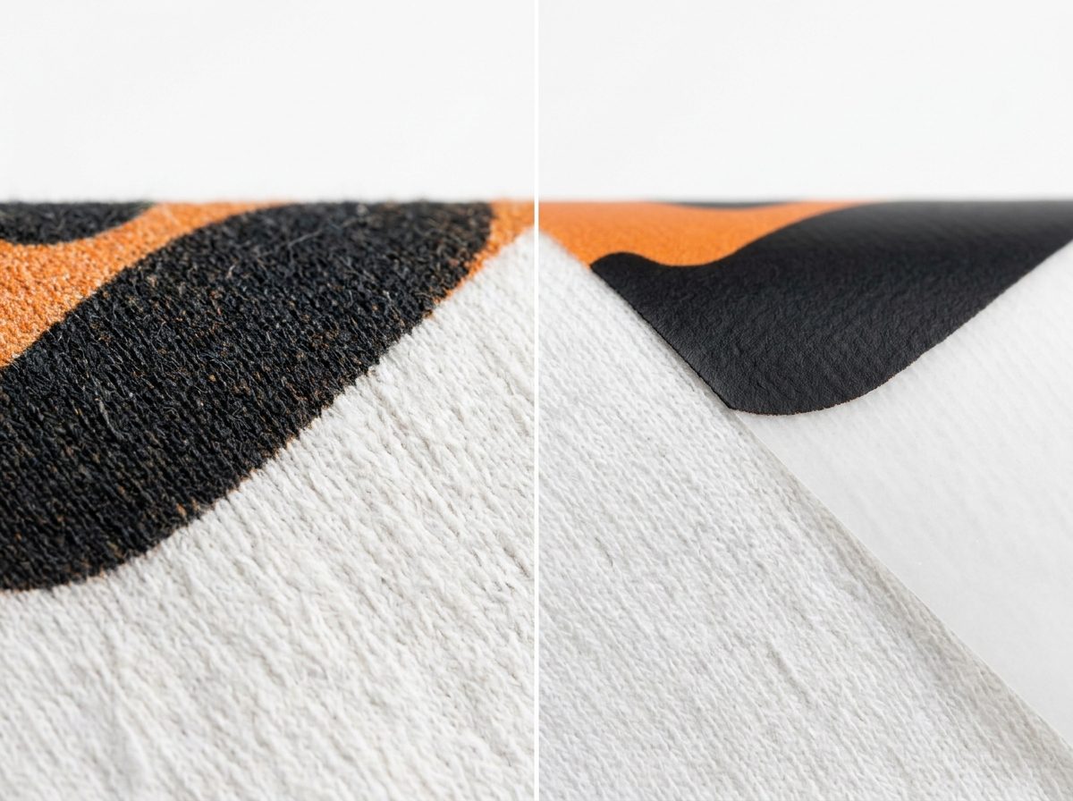 Direct-to-Garment (DTG) ink soaked into yarn weave beside Direct-to-Film (DTF) transfer film layer