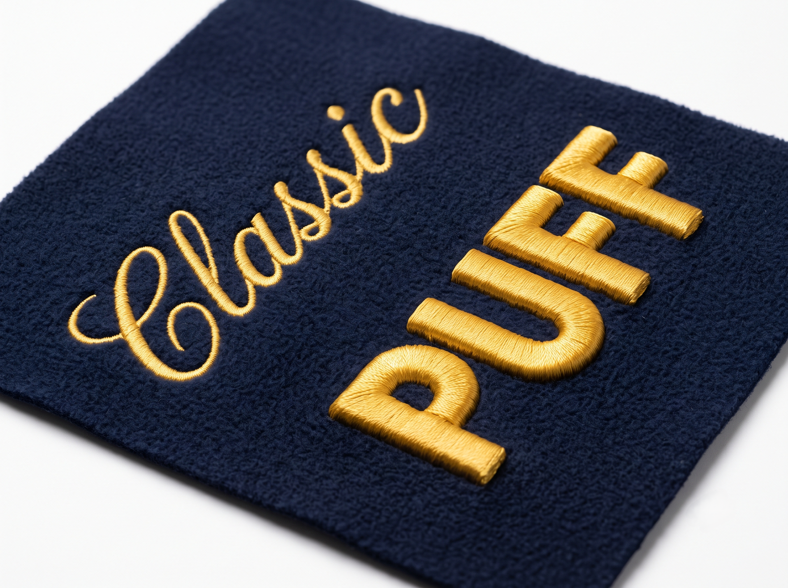 Side-by-side comparison of classic 2D flat embroidery beside raised 3D foam puff embroidery