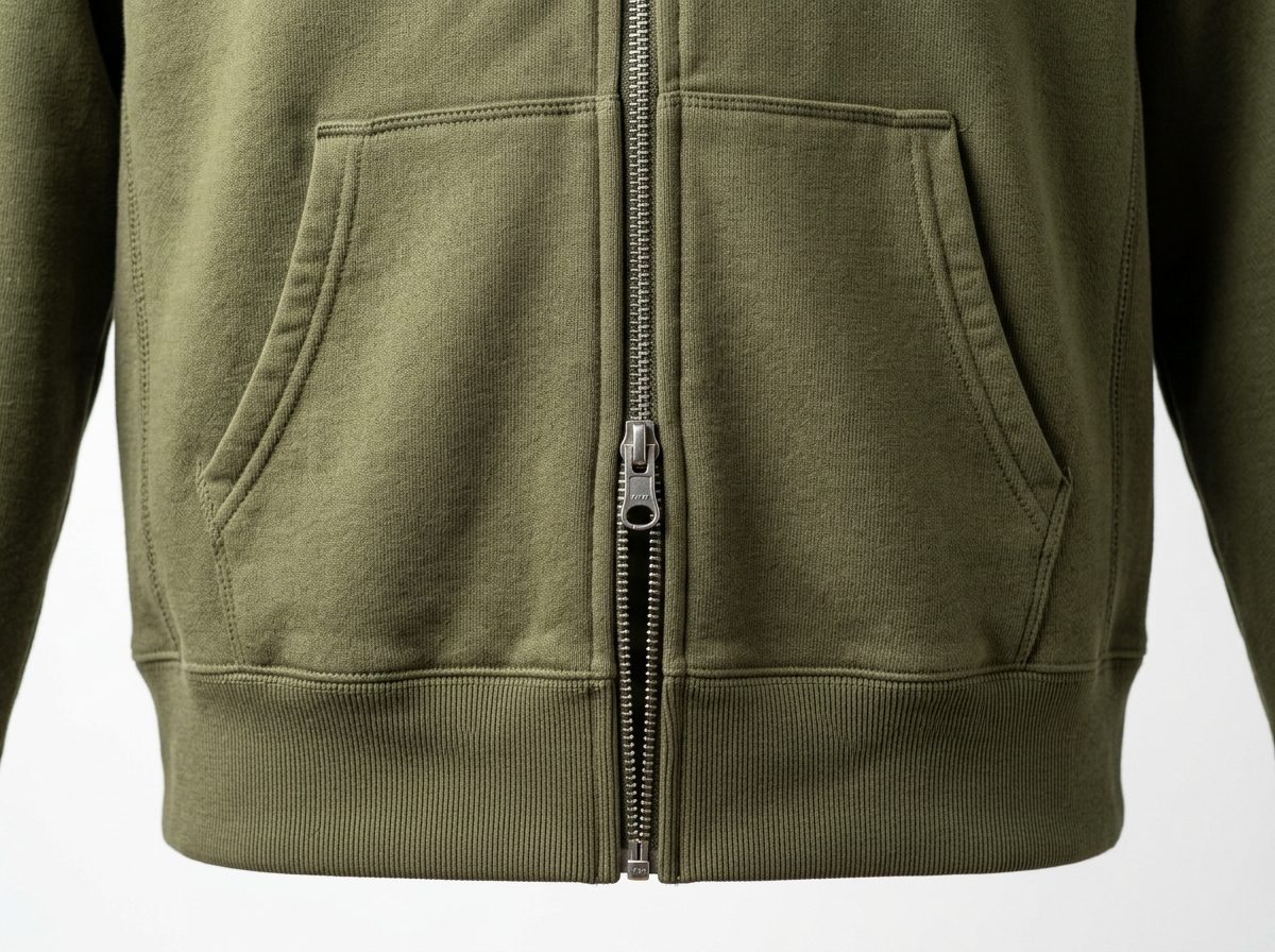 Olive green full zip hoodie with heavy-duty metal zipper and split front pockets