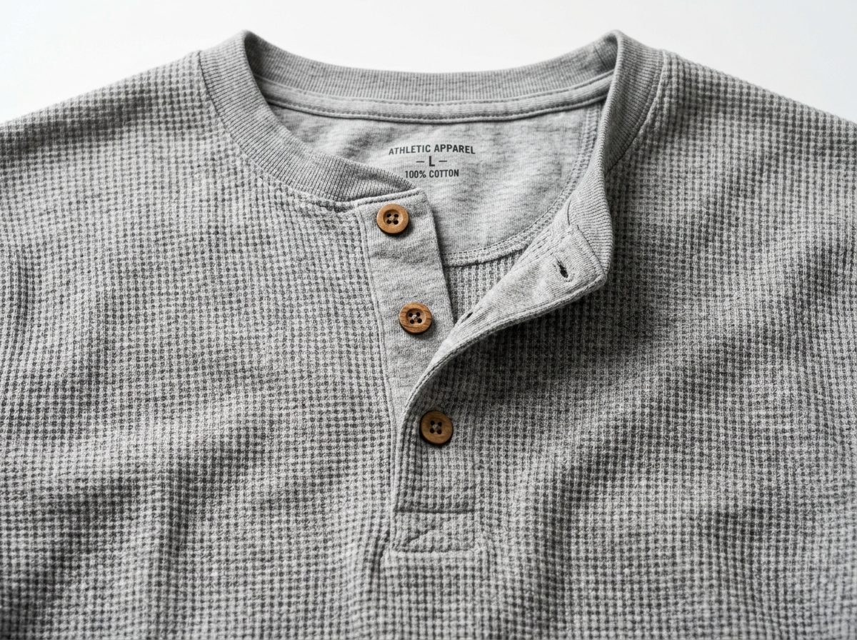 Heather grey cotton waffle knit Henley shirt with 3-button front placket