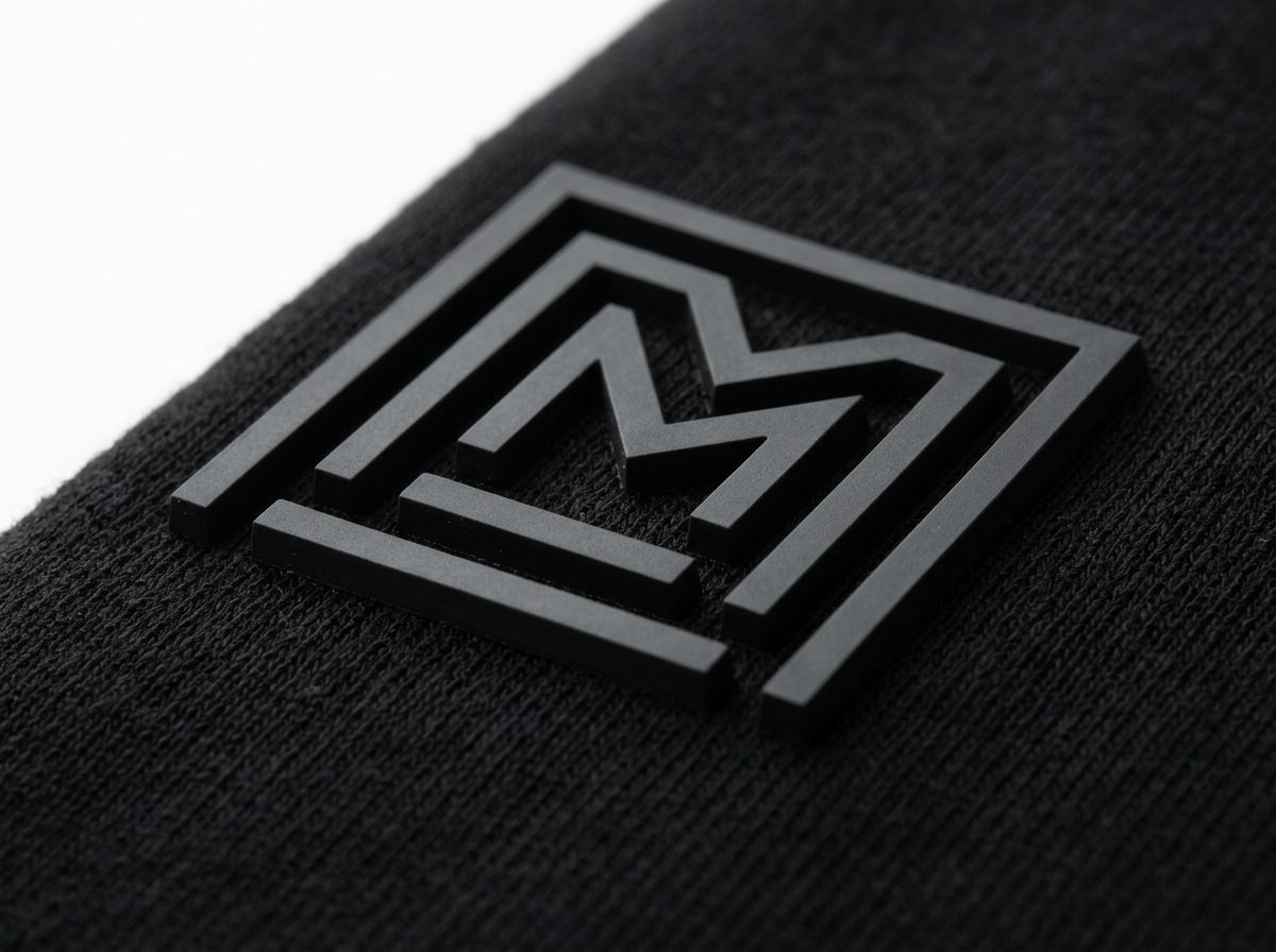 High-density (HD) 3D screen print with sharp 90-degree square vertical walls on black fabric