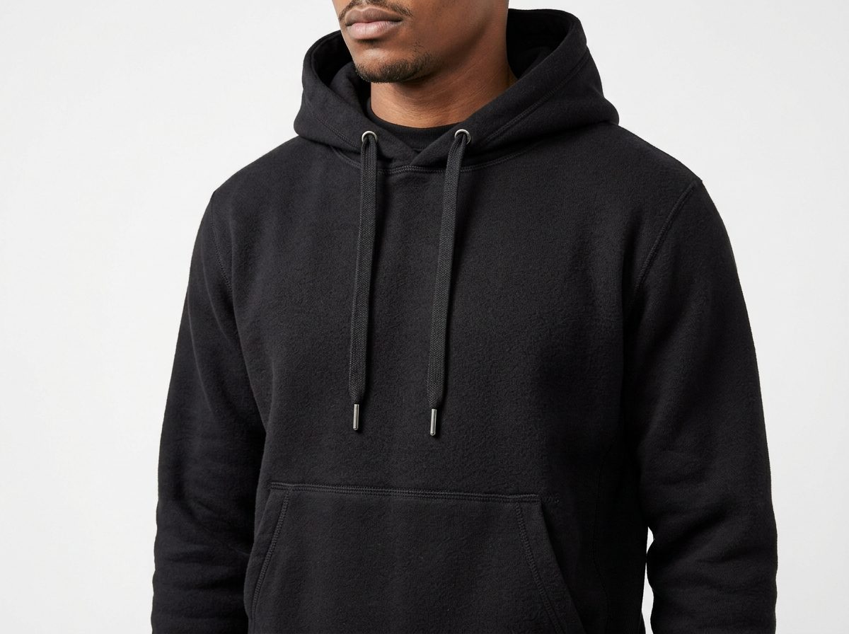 Heavyweight black fleece pullover hoodie with lined hood and drawstrings