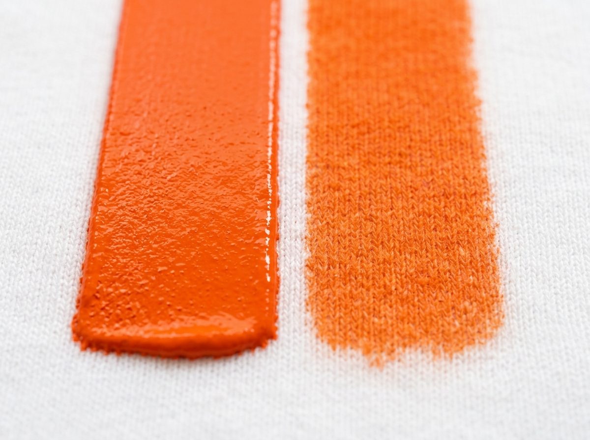 Opaque plastisol screen print ink layer beside soft breathable water-based fiber-absorbed ink