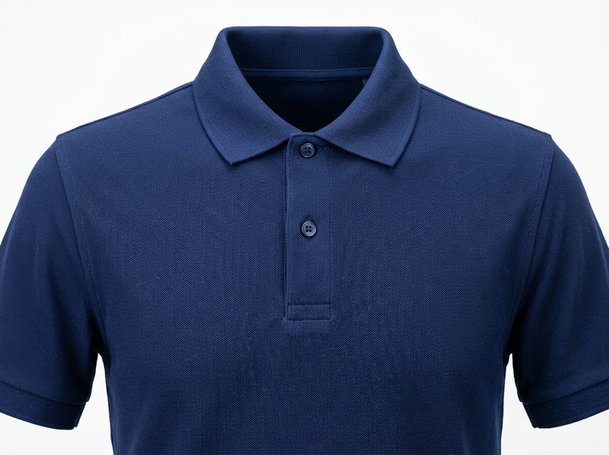 Classic navy blue pique cotton polo shirt with ribbed collar and button placket