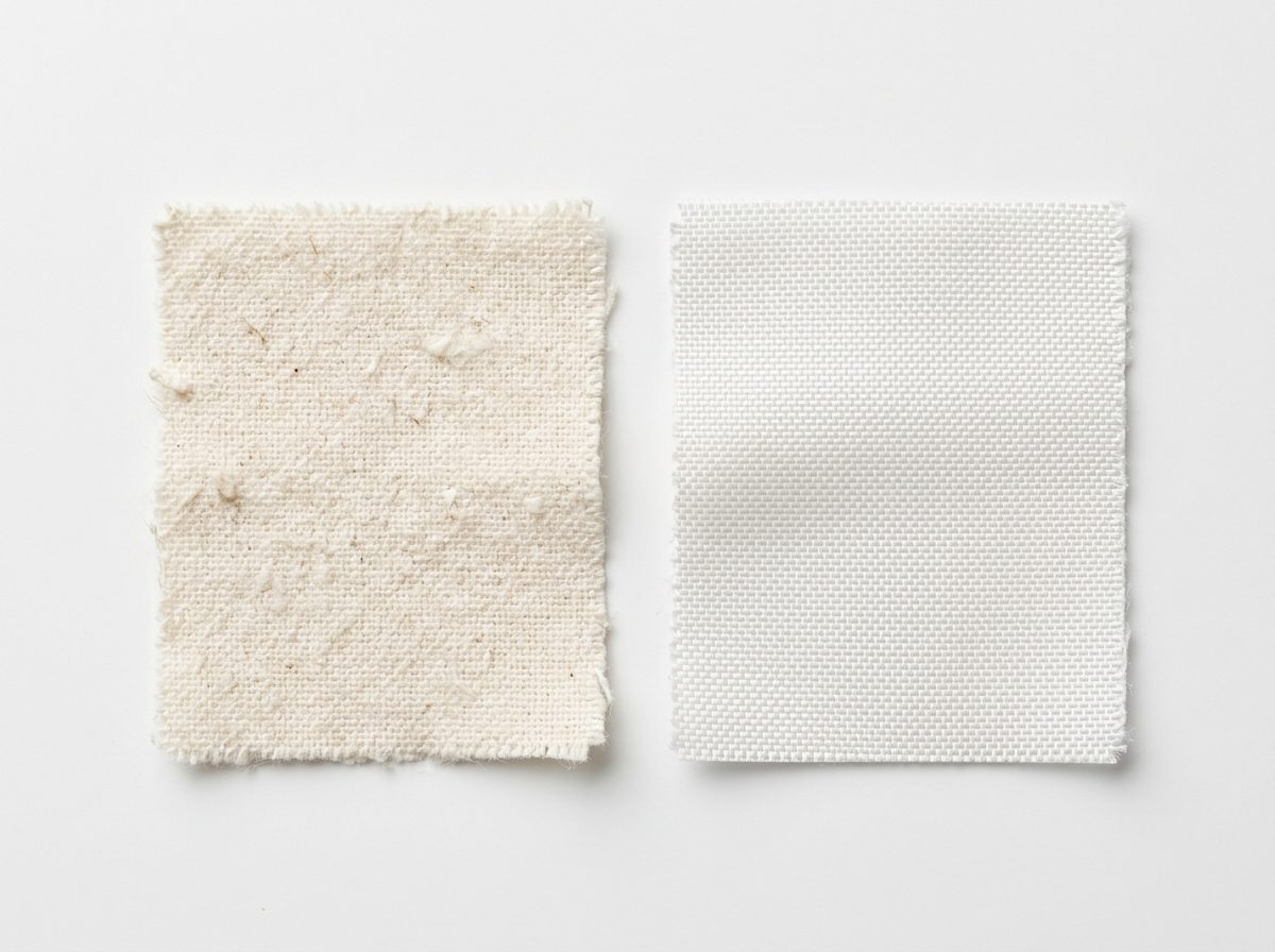 100% natural cotton fabric swatch beside durable poly-cotton blend weave