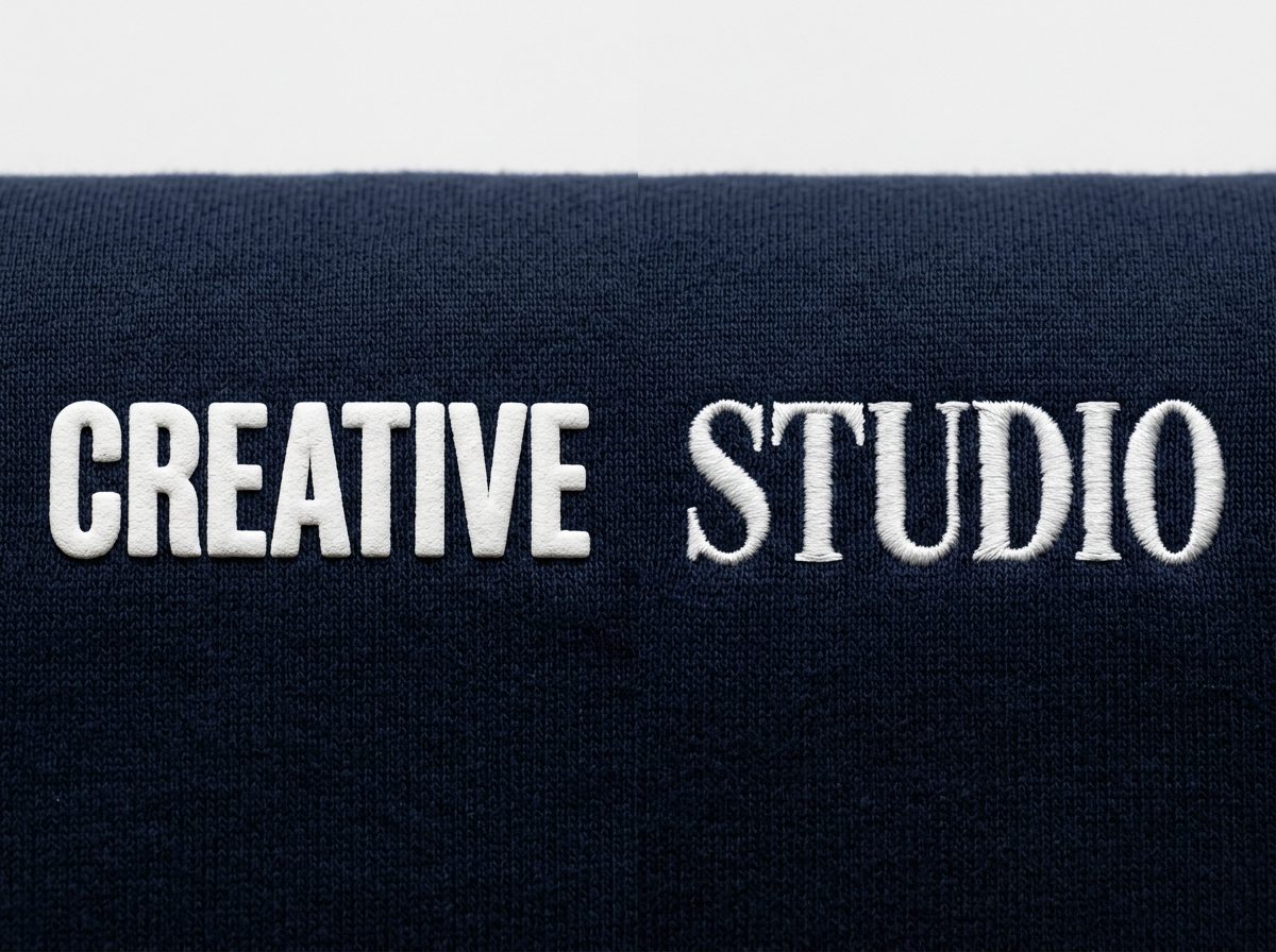 3D raised puff screen print lettering beside luxury dense satin thread embroidery