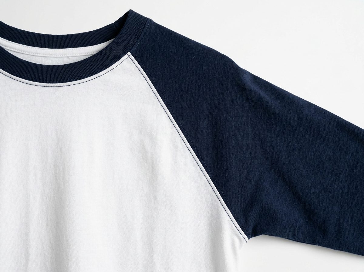 Two-tone baseball t-shirt showing diagonal raglan sleeve seam