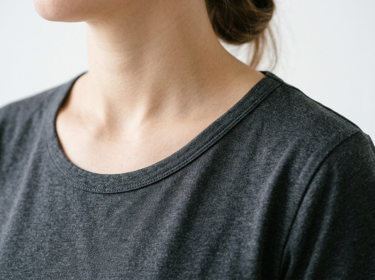 Close-up of round neck t-shirt collar with scooped neckline