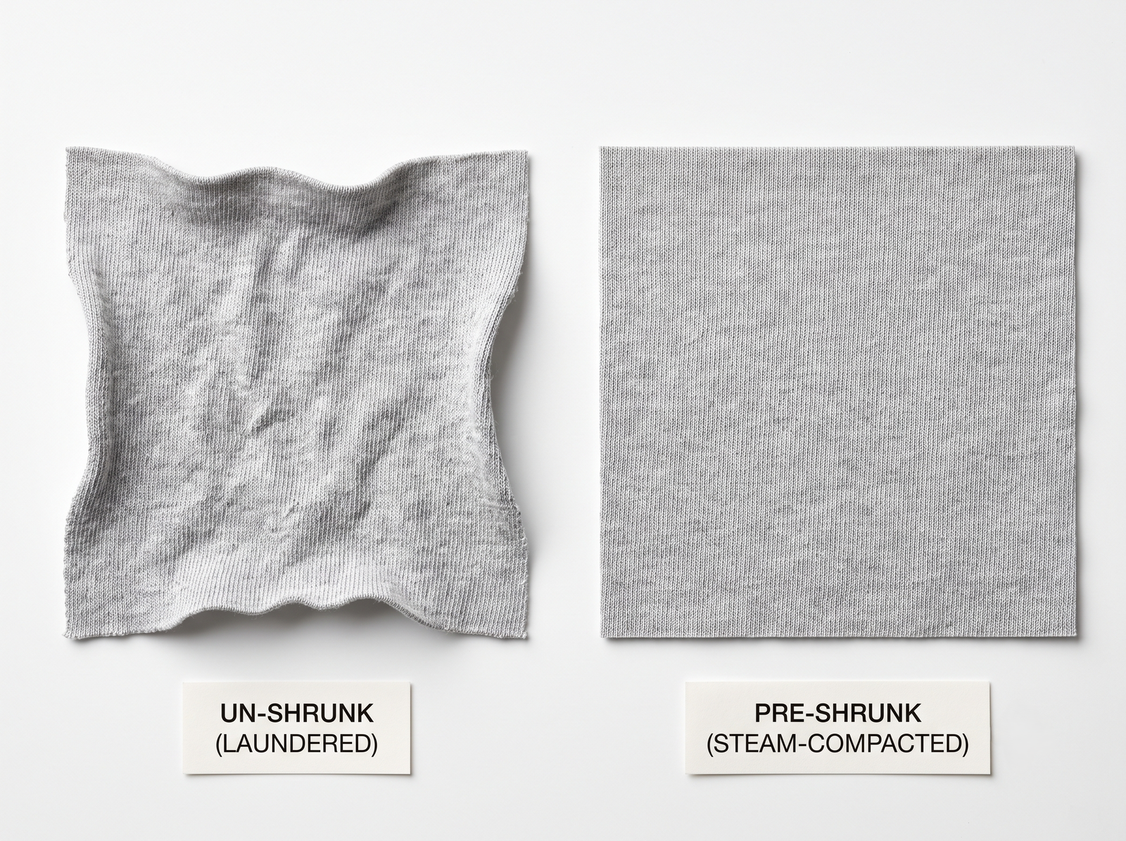 Comparison of distorted un-shrunk cotton yarn knit loops beside dimensionally stable pre-shrunk cotton