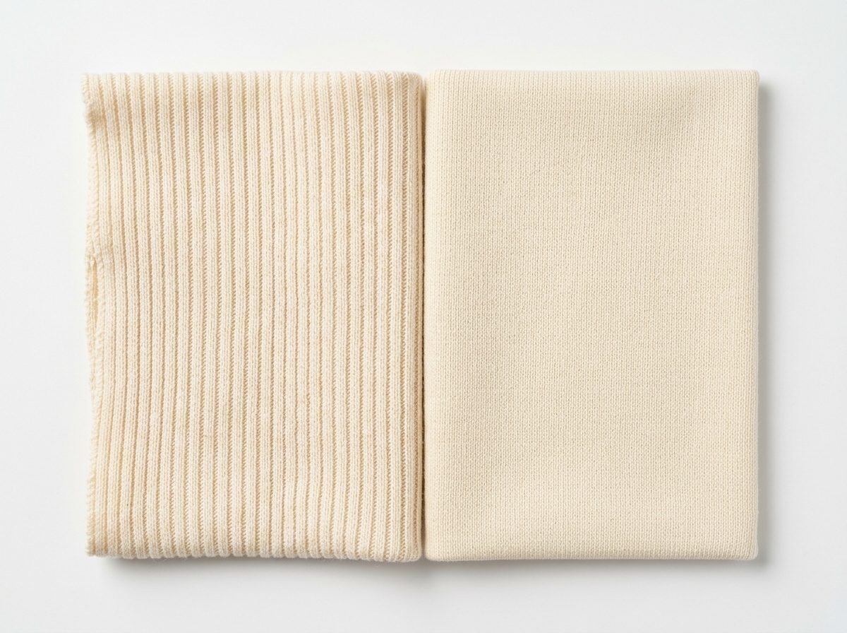 Single jersey knit vertical grain structure beside double-knit interlock fabric