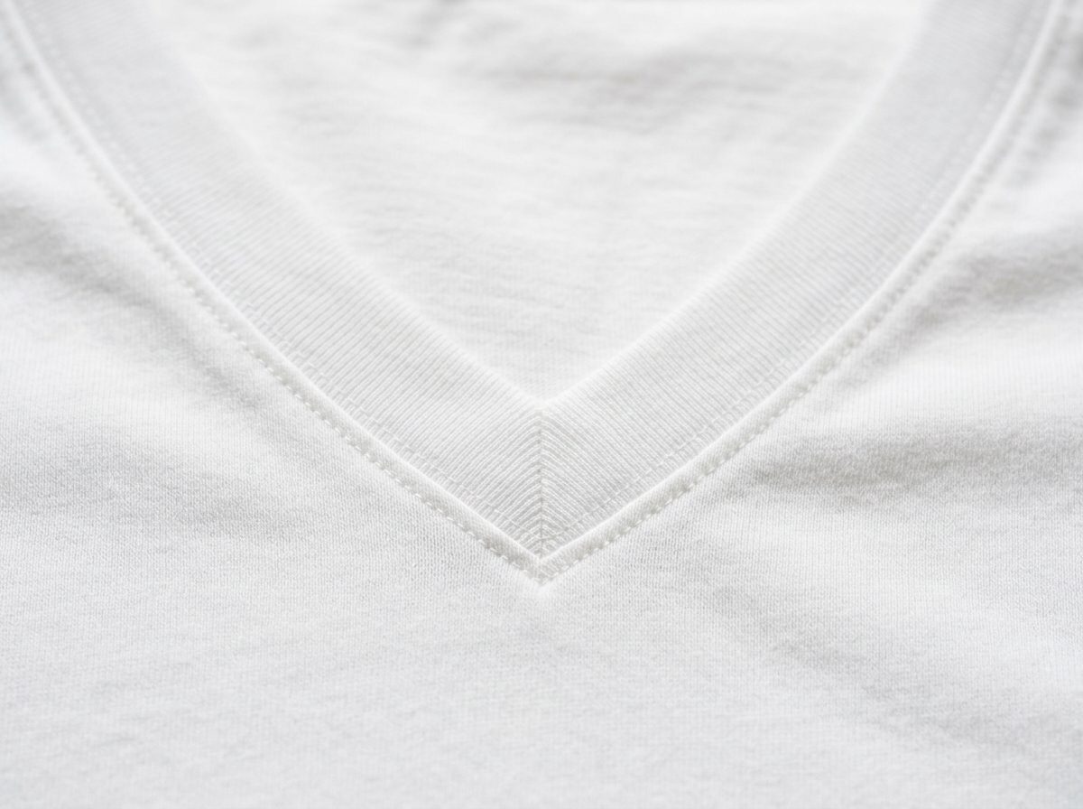 Close-up of clean triangular V-neck t-shirt collar